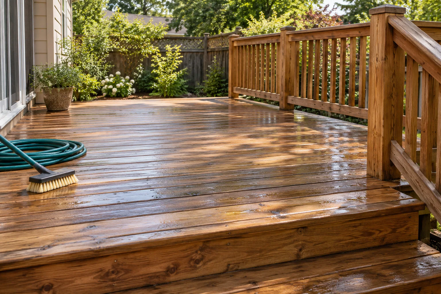 Clean damp timber deck with a soft brush; generated service illustration