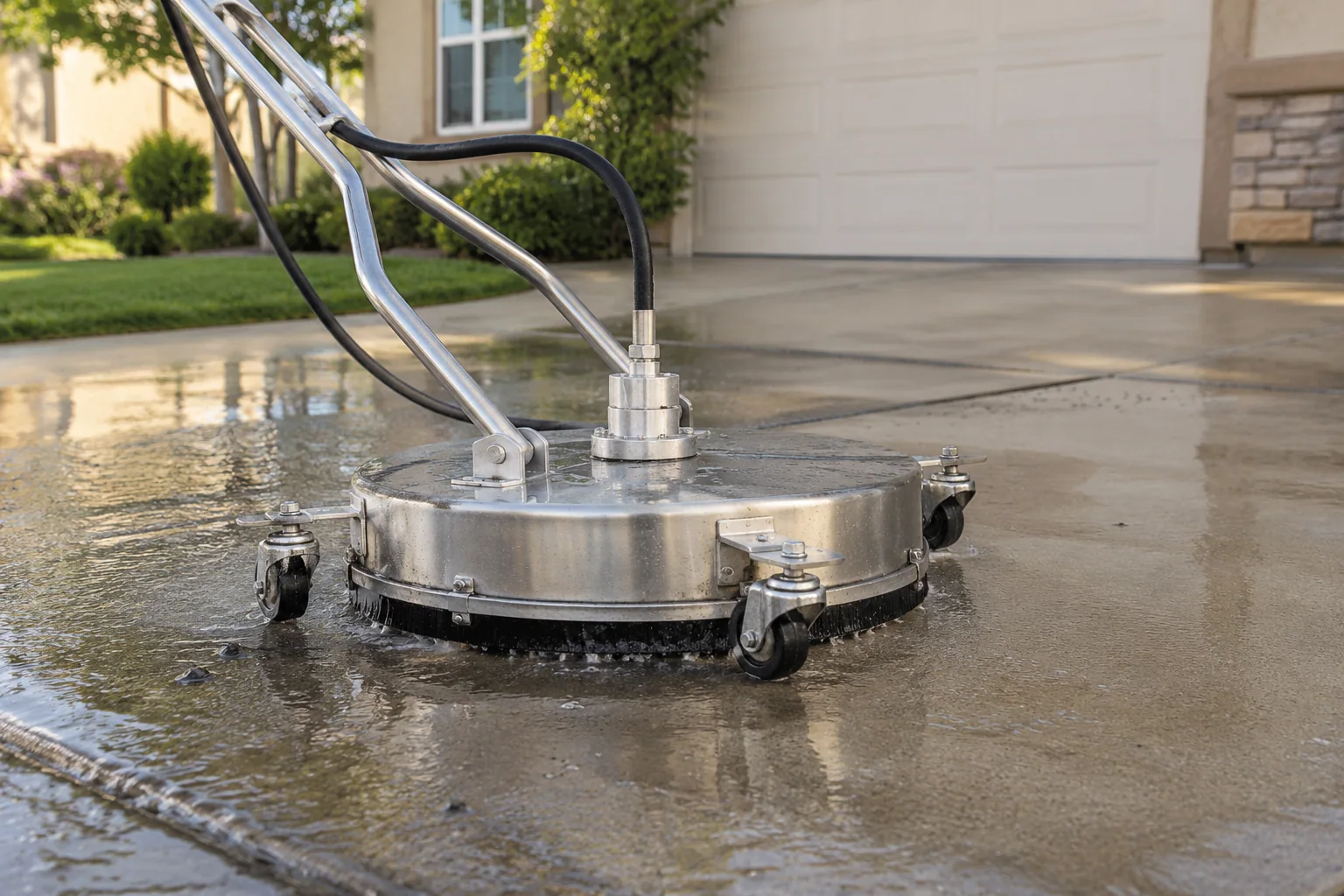 Illustration of a surface cleaner washing a concrete driveway