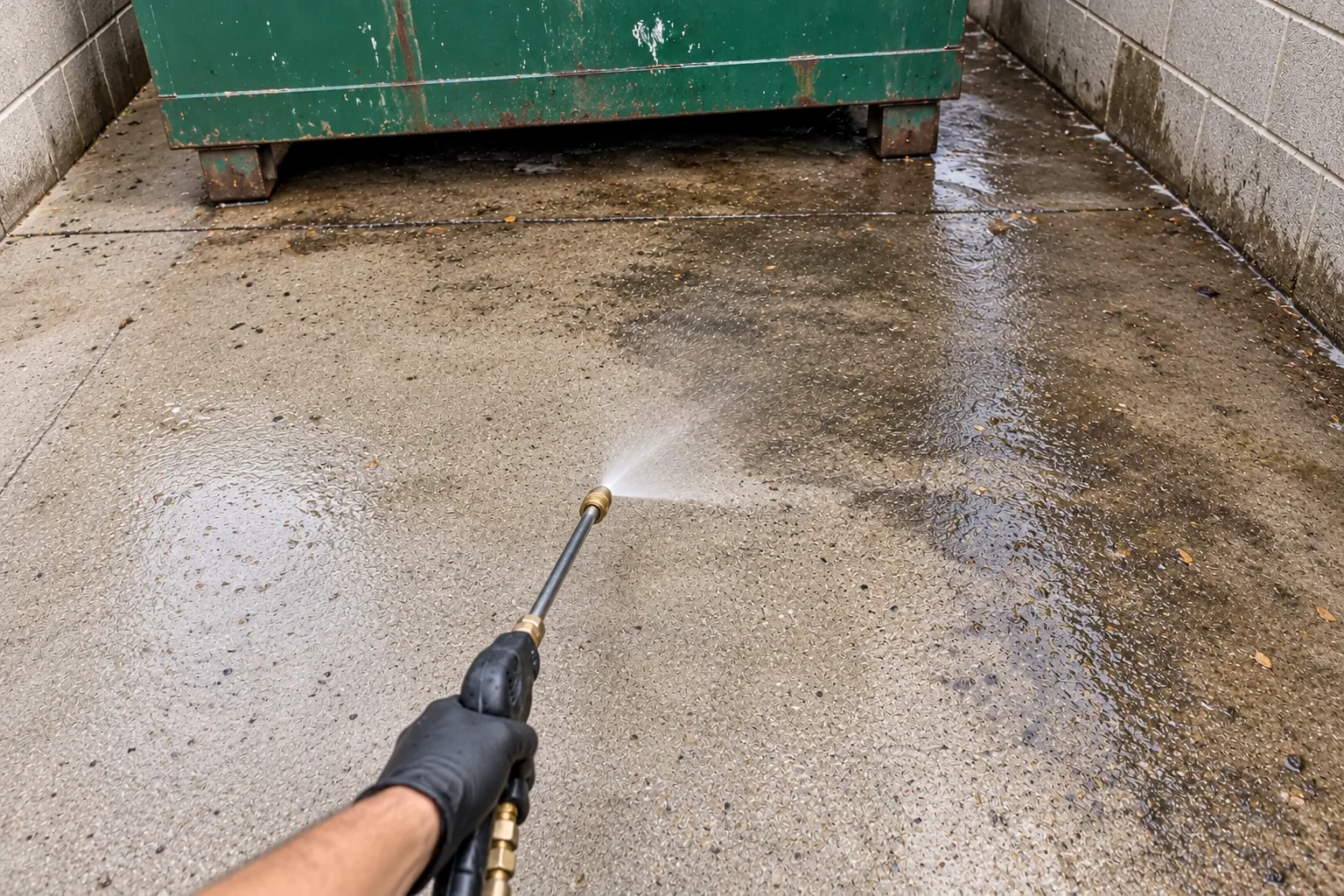 First-person view of a pressure washing lance cleaning a concrete dumpster pad; generated service illustration