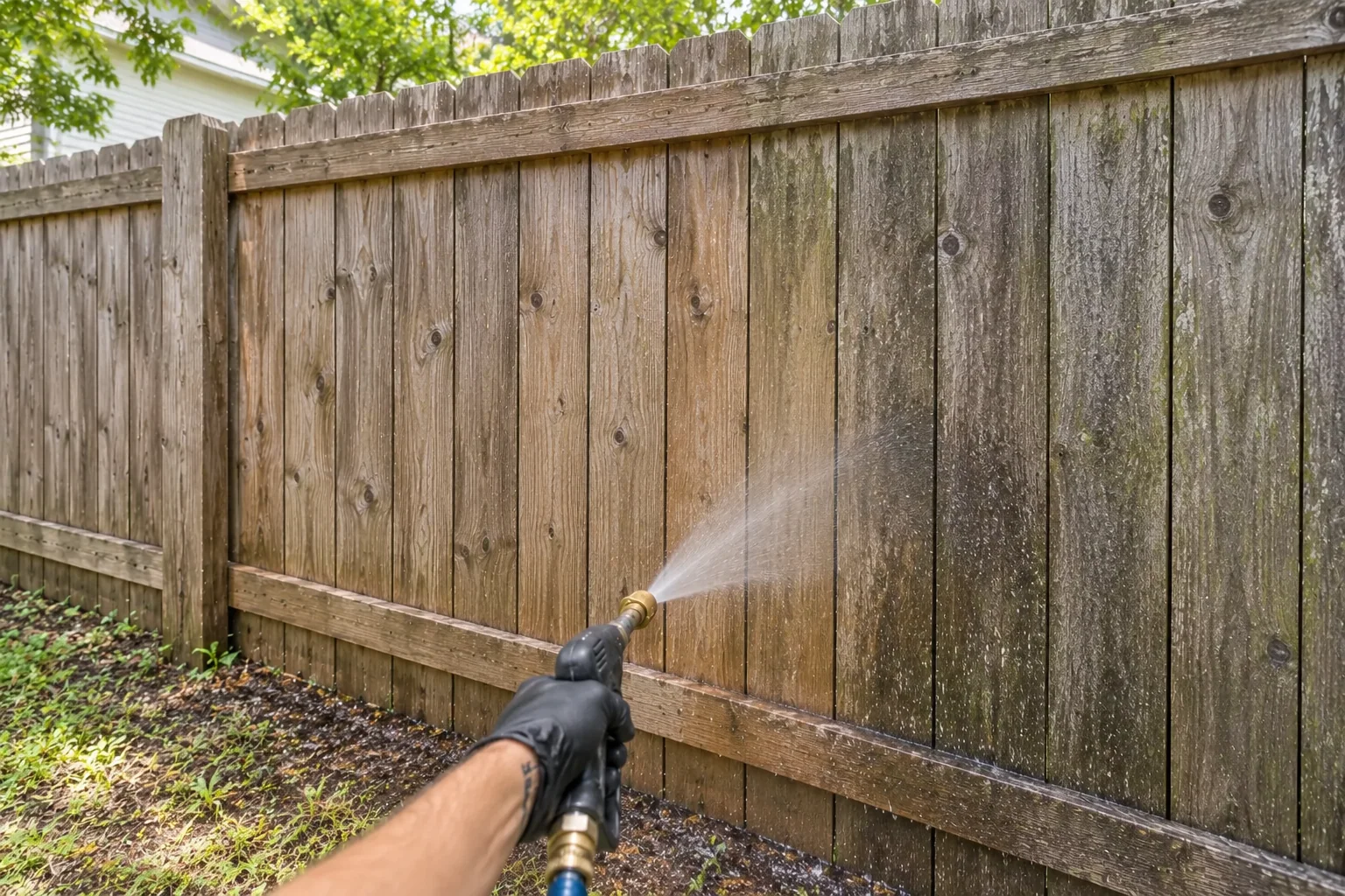 First-person view rinsing a cedar fence with a black cleaning gun; generated service illustration