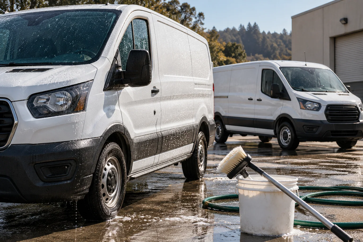 Clean work vans with wash equipment nearby; generated service illustration