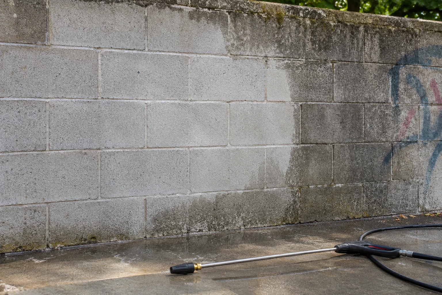 Masonry wall after localized marking removal; generated service illustration