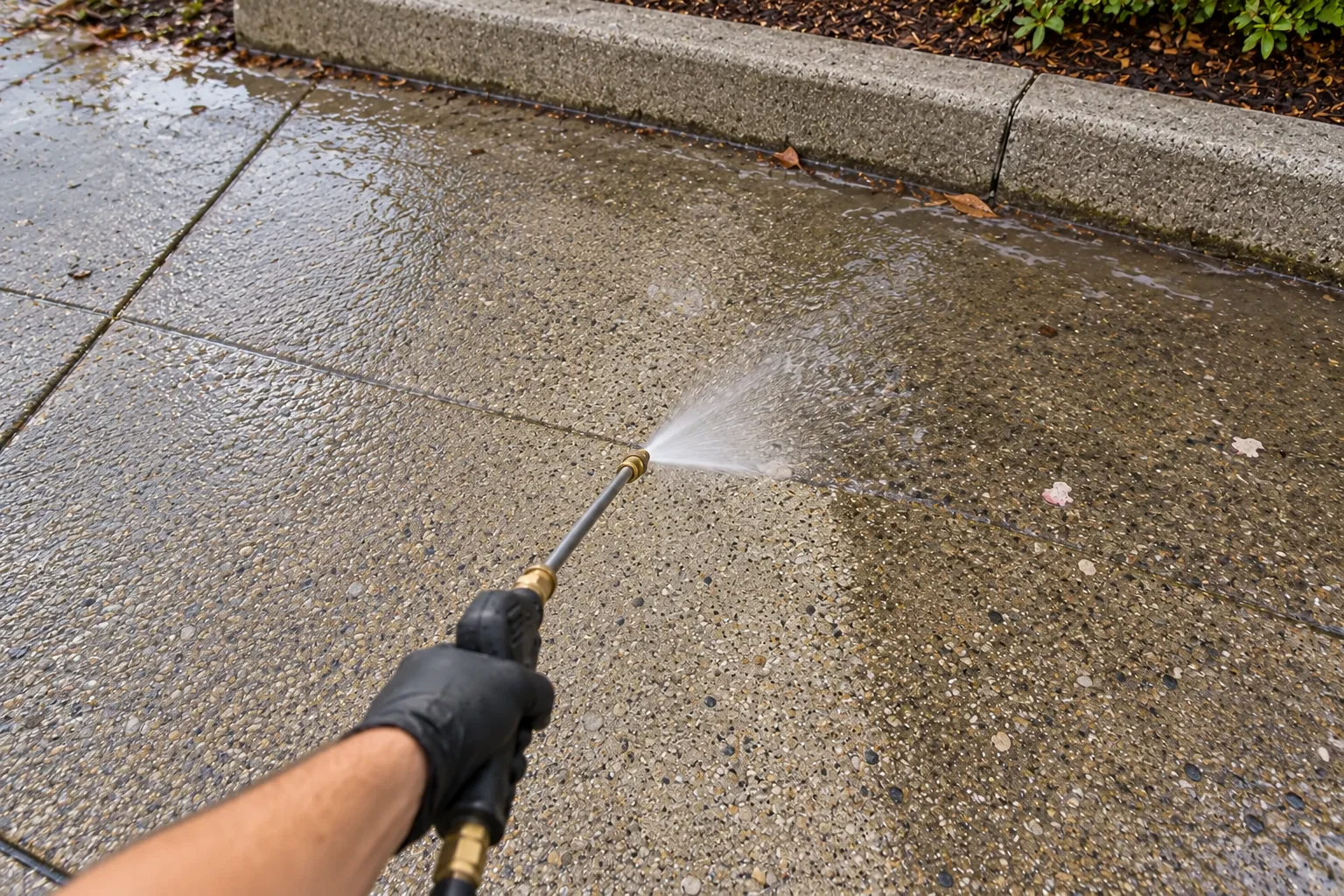 First-person view washing gum and grime from wet commercial concrete; generated service illustration