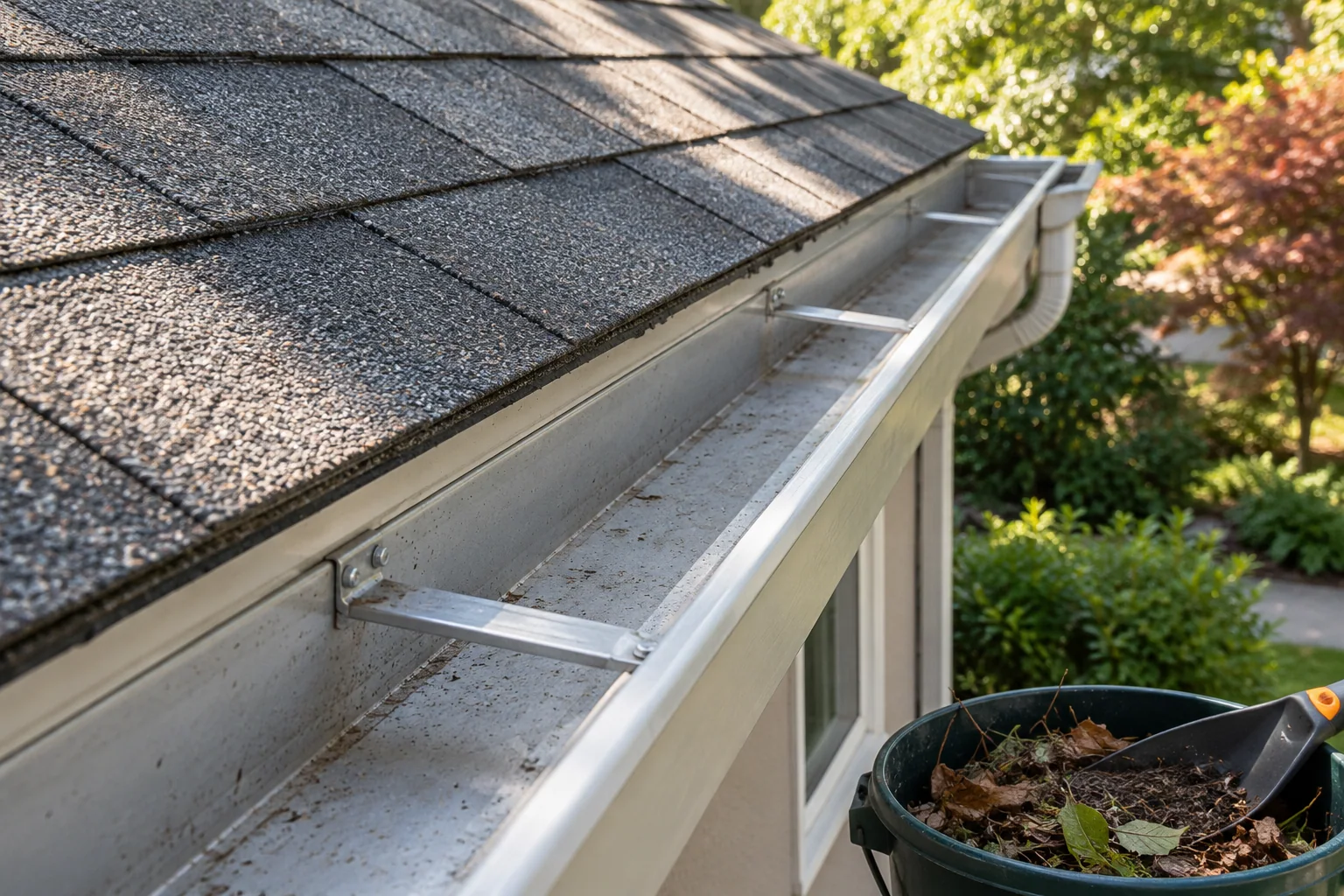 Open gutter channel after leaf removal, with a scoop and leaf bucket; generated service illustration