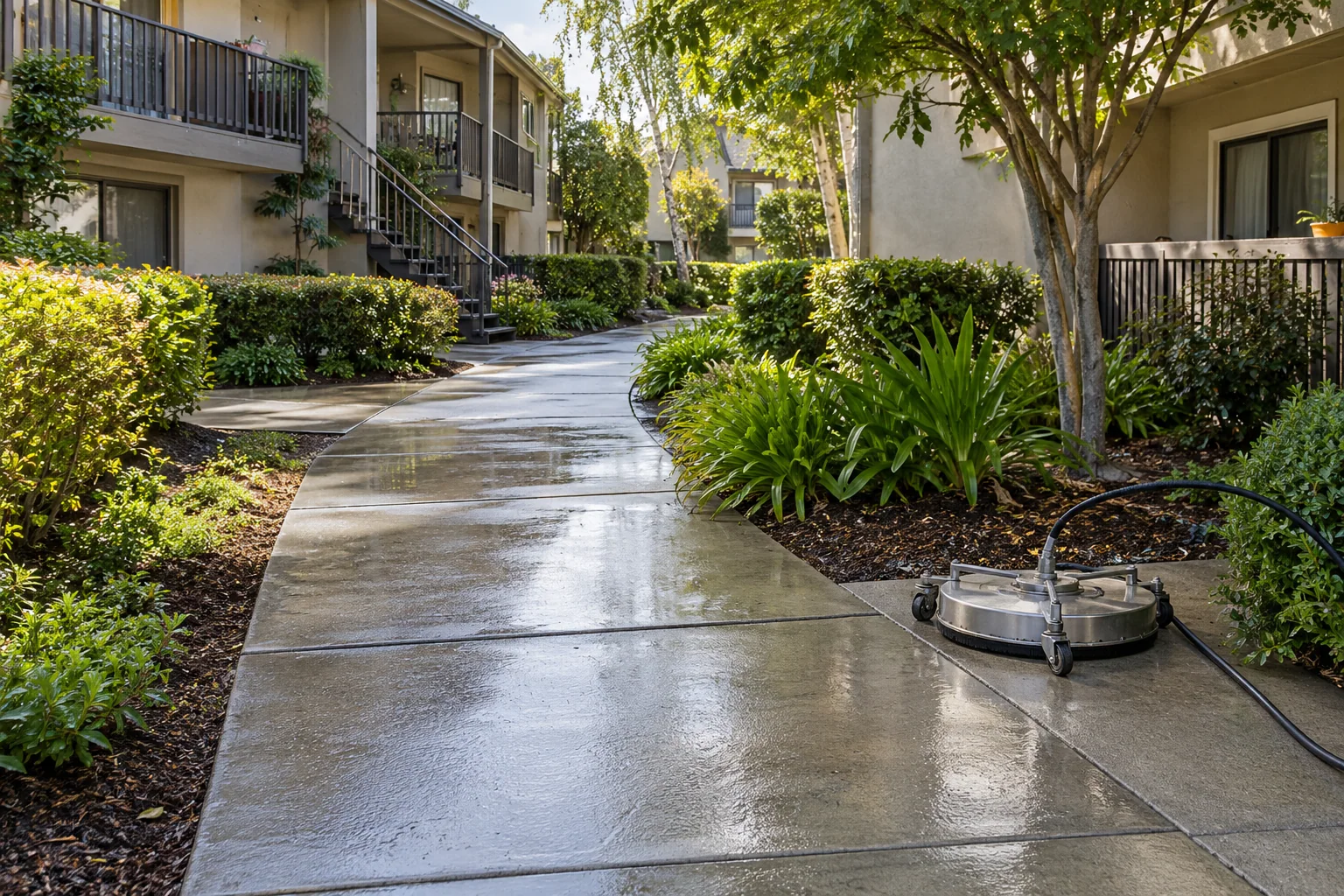 Damp apartment-community walkway with surface-cleaning equipment; generated service illustration