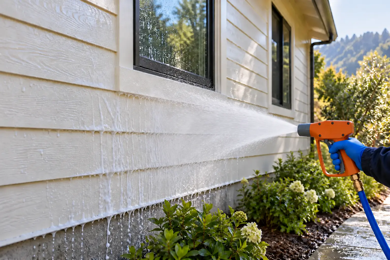 Service illustration of a compact orange soft washing gun rinsing house siding