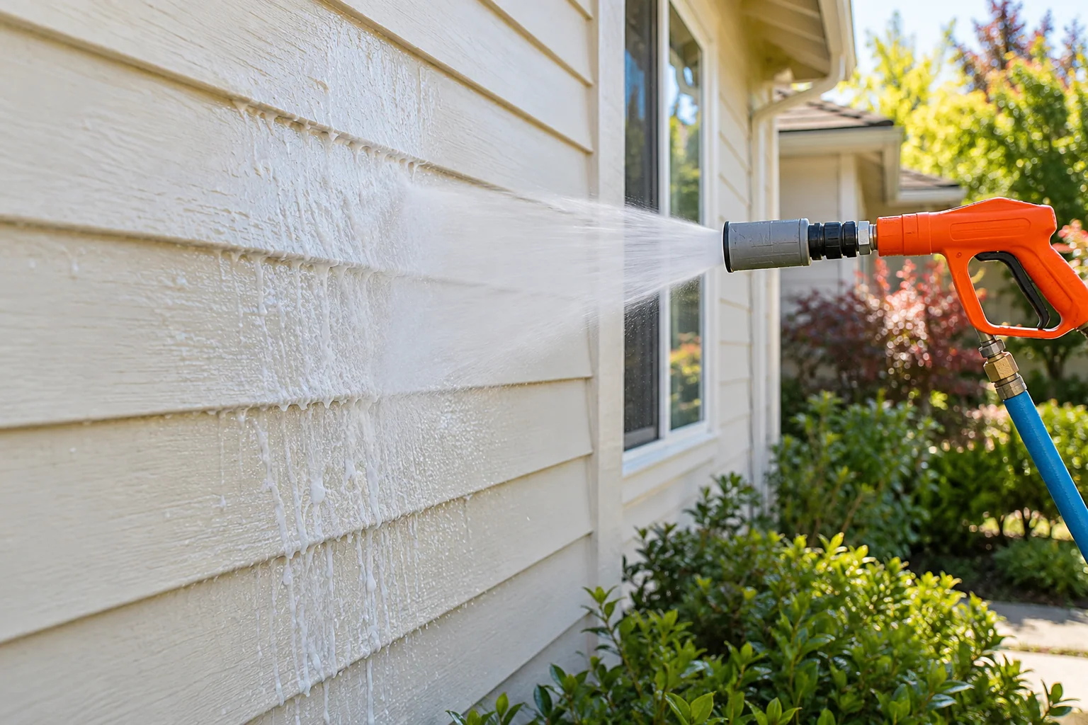 Orange soft-wash gun gently rinsing cream house siding; generated service illustration