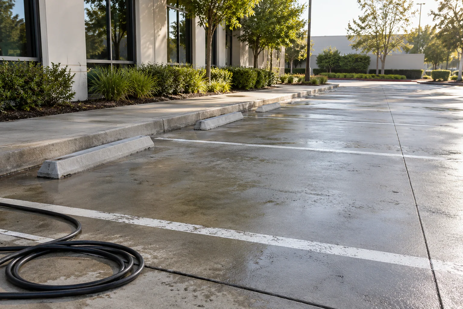 Empty damp parking spaces with painted lines; generated service illustration