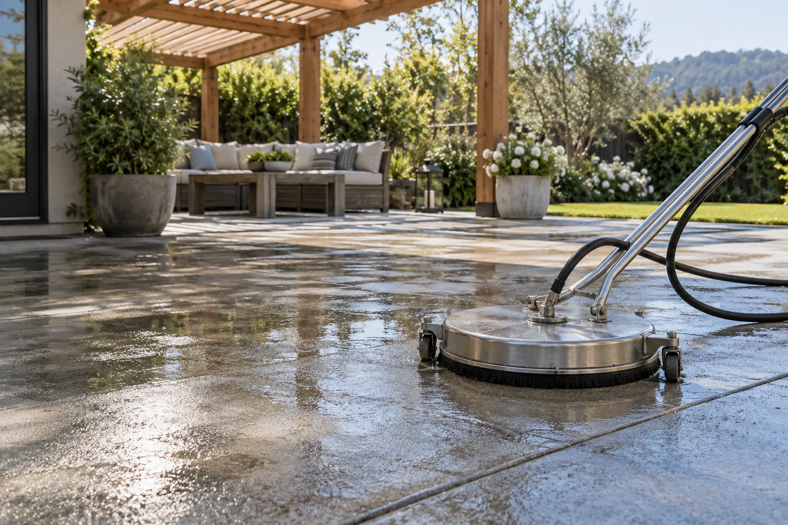 Surface cleaner on a wet backyard concrete patio; generated service illustration