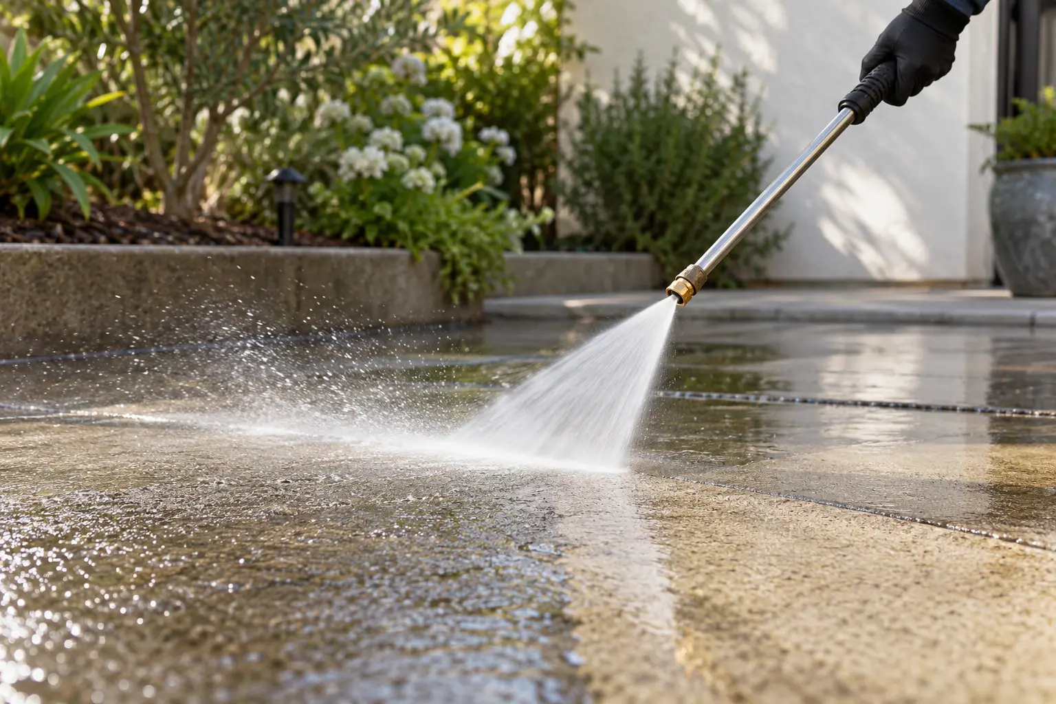 Service illustration of a pressure washing wand cleaning a patio