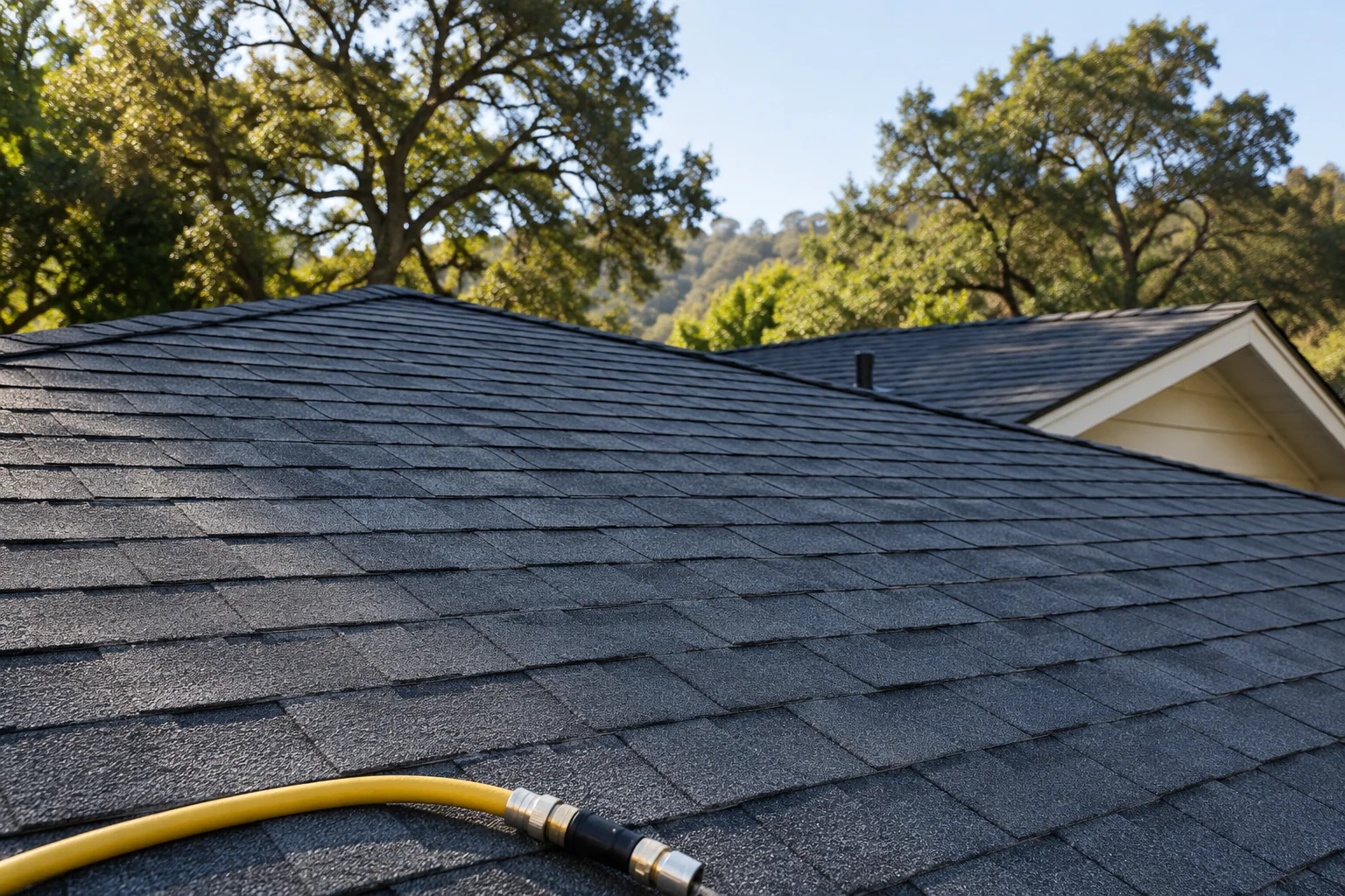 Intact asphalt-shingle roof with a wash hose; generated roof-cleaning illustration