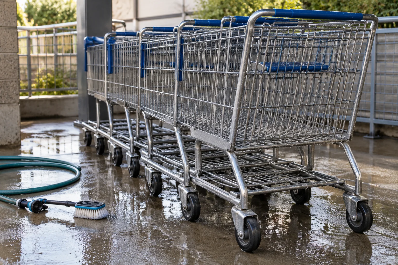 Clean shopping carts with water droplets; generated service illustration