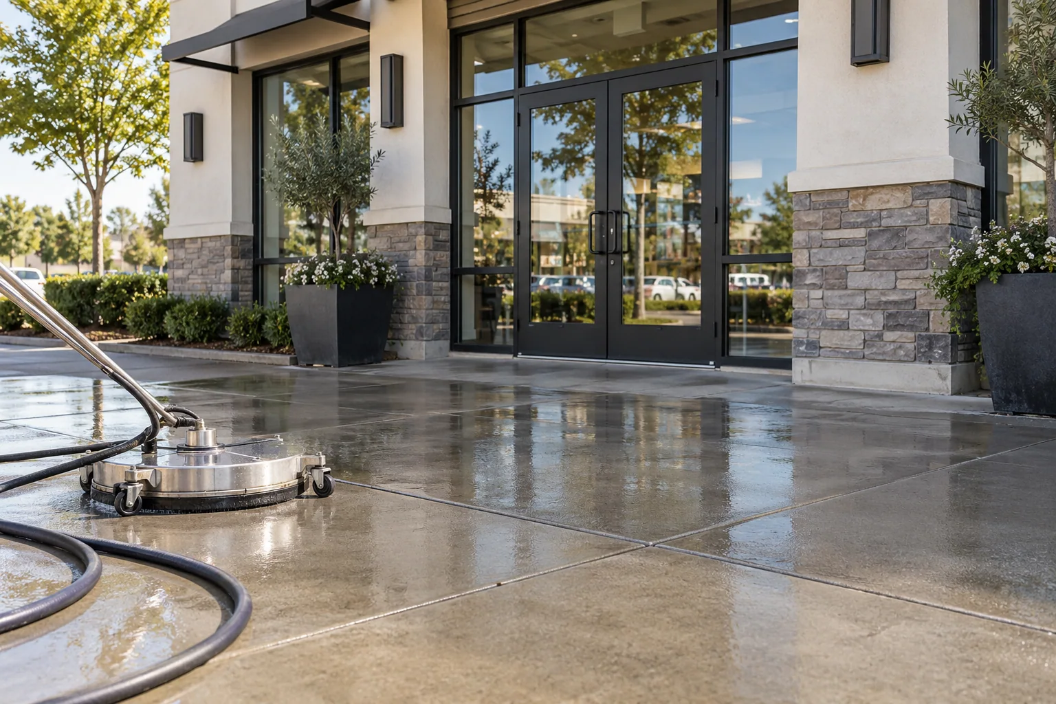 Washed storefront entrance with a surface cleaner nearby; generated service illustration