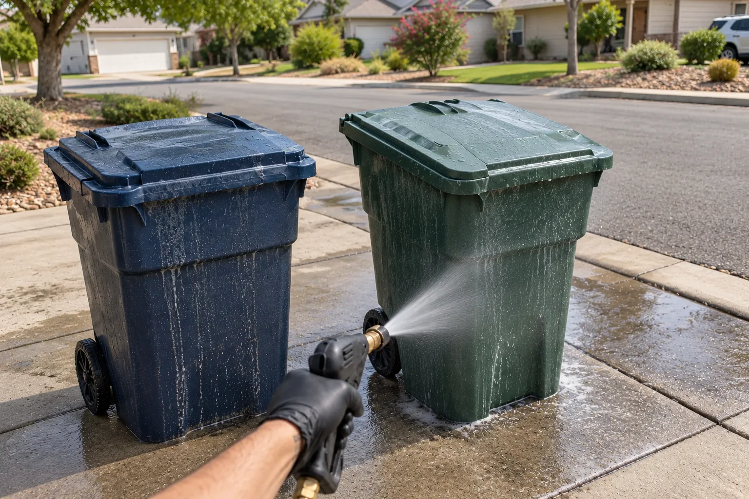 First-person view rinsing curbside trash bins with a compact black cleaning gun; generated service illustration