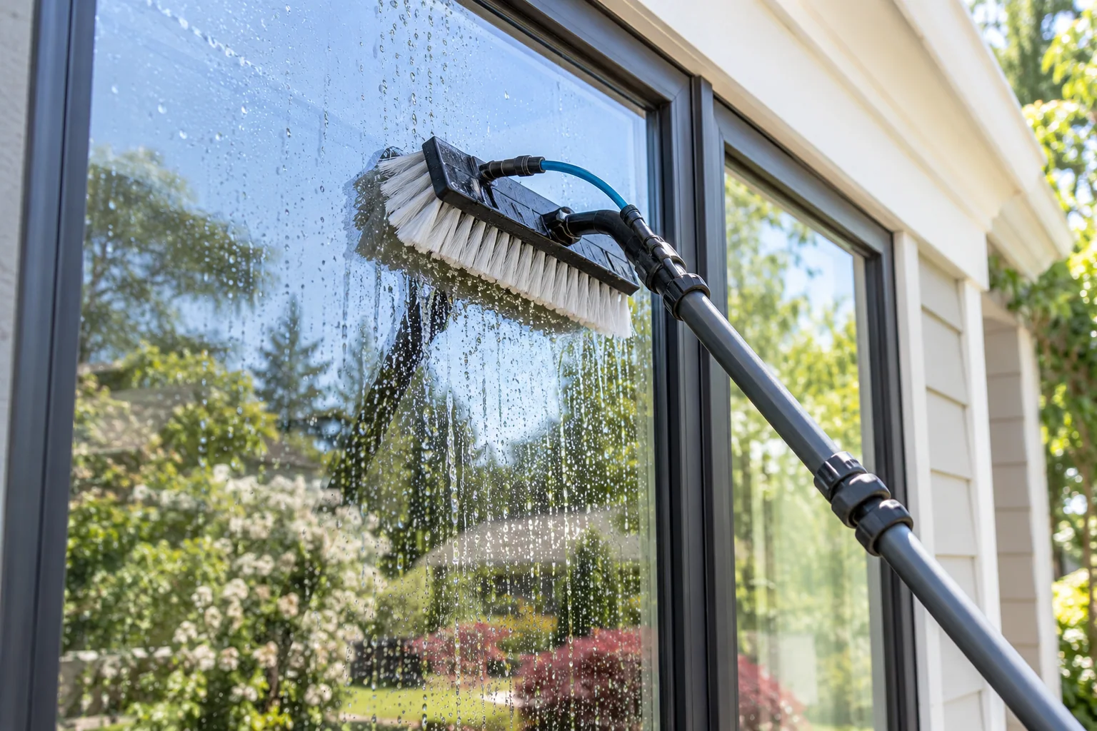Water-fed brush against exterior window glass; generated service illustration